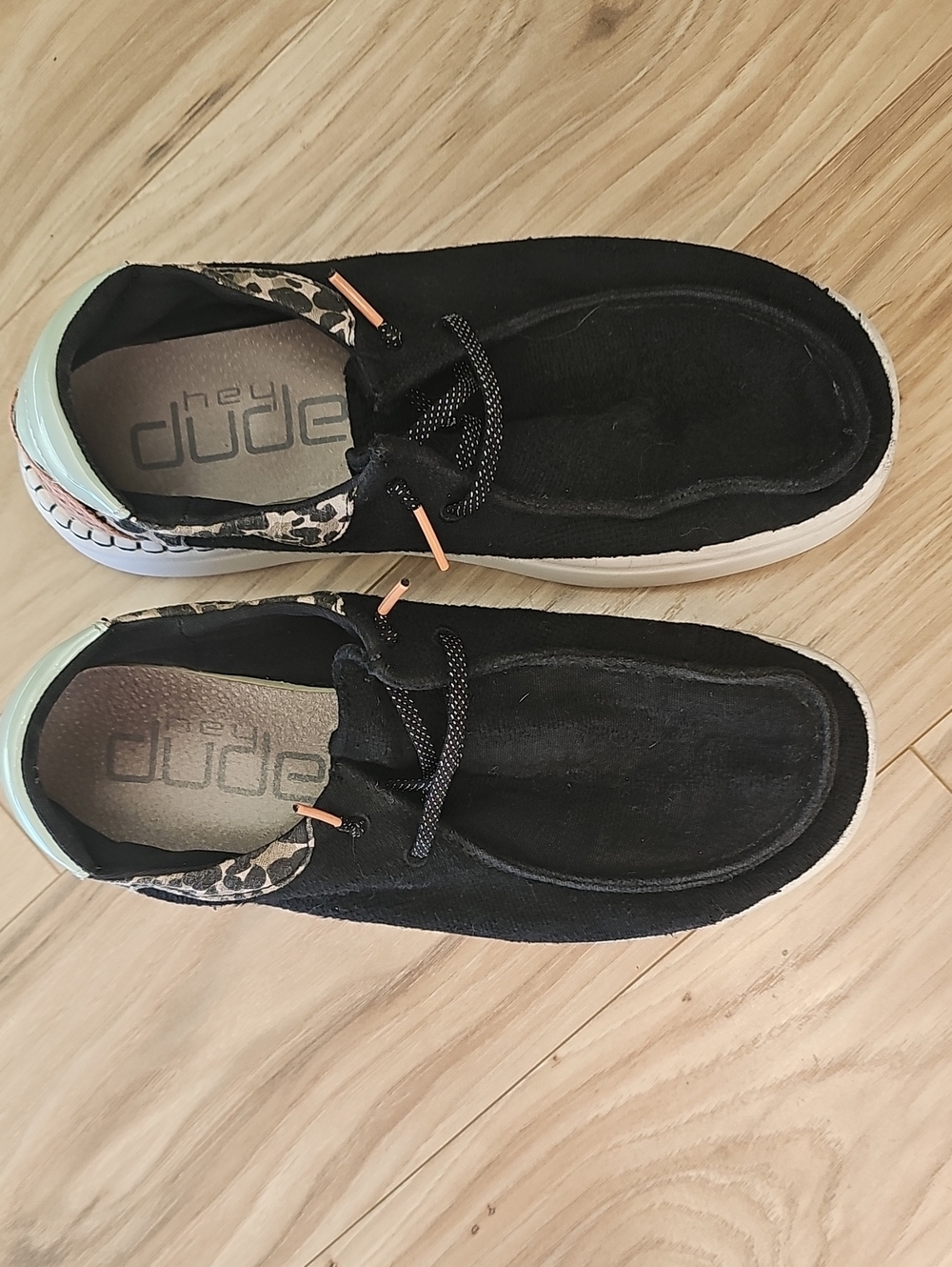 Hey Dude Black Slip-On Loafers with Leopard Trim and Mint Heel